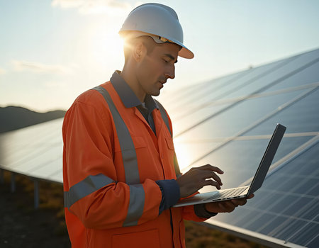 Engineer Inspecting Solar Panels at Sunsetの素材