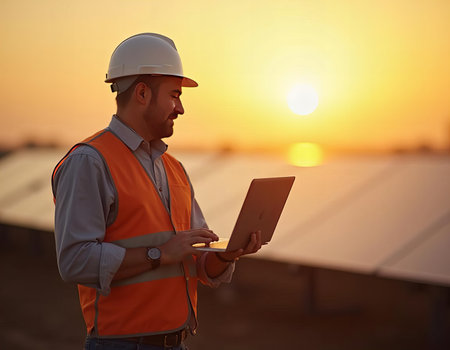 Engineer Inspecting Solar Panels at Sunsetの素材