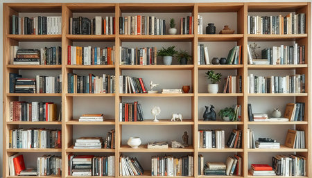 Light Filled Bookshelves with Neutral Decorの素材