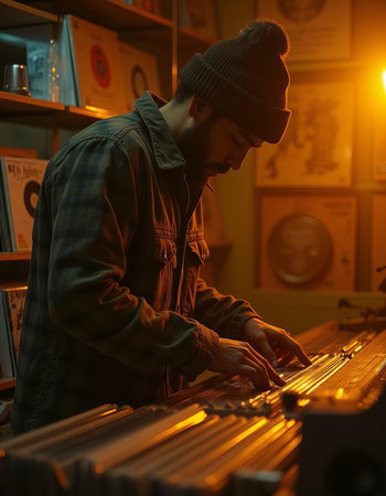 A man browsing through vinyl records in a cozy, well-lit record shop with a cat sitting nearby.の素材