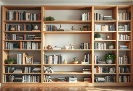 Light Filled Bookshelves with Neutral Decorの素材