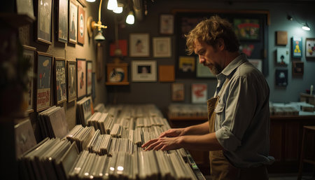 A man browsing through vinyl records in a cozy, well-lit record shop with a cat sitting nearby.の素材