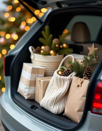 The trunk of a car filled with holiday-themed itemsの素材