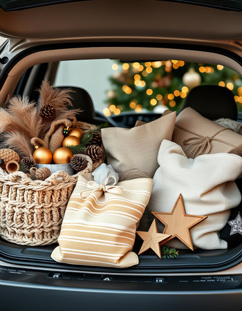 The trunk of a car filled with holiday-themed itemsの素材