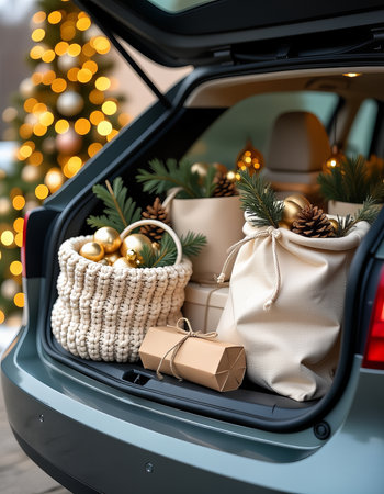 The trunk of a car filled with holiday-themed itemsの素材