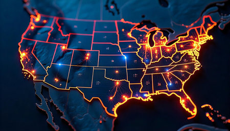U.S. Data Map Network Activity Visualized Across the United Statesの素材