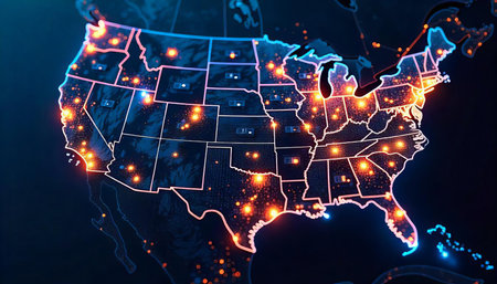 U.S. Data Map Network Activity Visualized Across the United Statesの素材