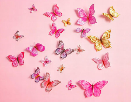 Colorful butterflies arranged on a pastel background.の素材
