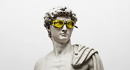 Roman Statue with Yellow Swim Goggles Classical Meets Modern on white backgroundの素材