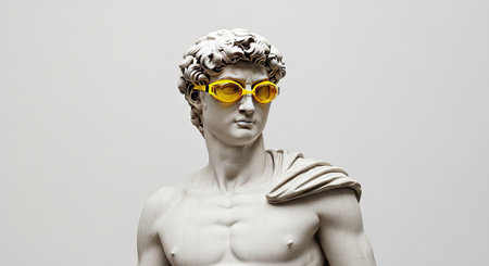Roman Statue with Yellow Swim Goggles Classical Meets Modern on white backgroundの素材