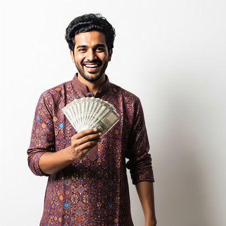 Happy Indian Man Holding Rupee Notes Financial Success Conceptの素材