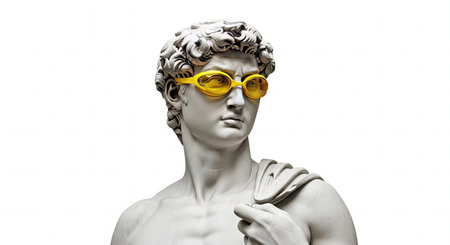 Roman Statue with Yellow Swim Goggles Classical Meets Modern on white backgroundの素材