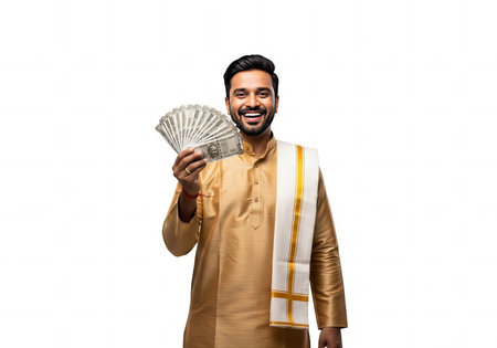 Happy Indian Man Holding Rupee Notes Financial Success Conceptの素材