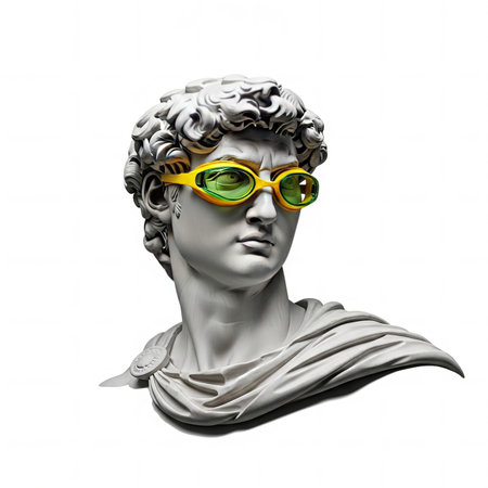 Roman Statue with Yellow Swim Goggles Classical Meets Modern on white backgroundの素材