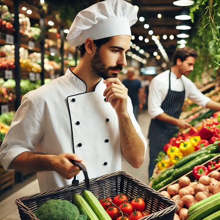 Chef Selecting Fresh Produce in a Grocery Storeの素材
