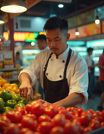 Chef Selecting Fresh Produce in a Grocery Storeの素材