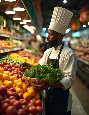 Chef Selecting Fresh Produce in a Grocery Storeの素材
