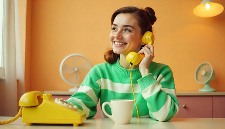 A cheerful woman holds a vintage yellow telephone in a warmly lit retro-inspired room. With striped green and white attire, she radiates nostalgia and positivity. A table fan and vintage radio enhance the retro aesthetic.の素材