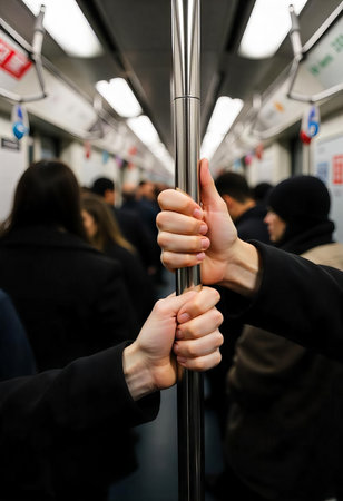 people hold a bar in a train Subway Perspectiveの素材