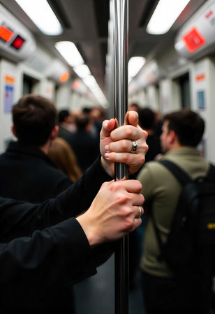 people hold a bar in a train Subway Perspectiveの素材
