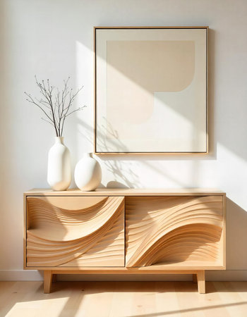 A minimalist wooden console with wave-like carvings is paired with sleek white ceramic vases.の素材