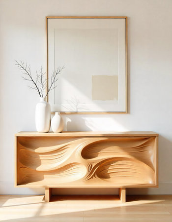 A minimalist wooden console with wave-like carvings is paired with sleek white ceramic vases.の素材