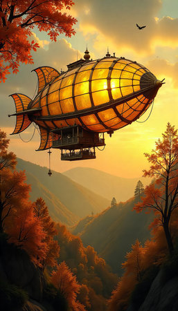 Golden Airship Over Autumn Forestの素材