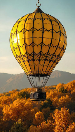Colorful hot air balloon floats over autumn trees and fieldの素材