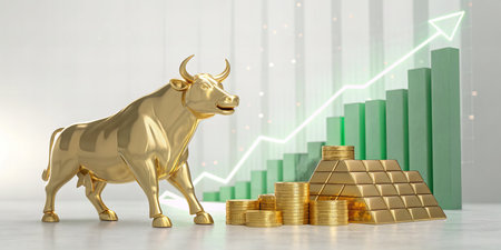 Golden Bull and Bitcoin with Upward Green Chart Investment Success Conceptの素材