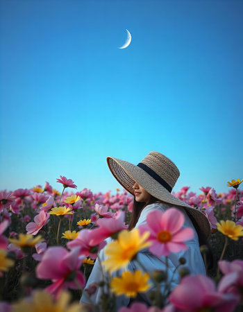 Girl in Flower Field at Sunsetの素材