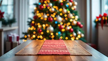 Wooden Table with Festive Lights Bokehの素材