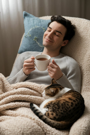 Peaceful Moment with Tea, Cat, and Comfortの素材