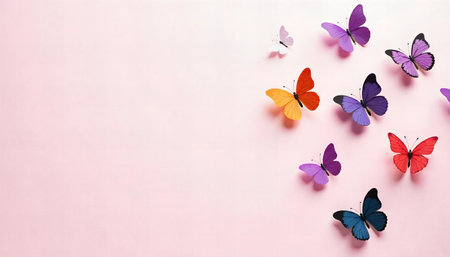 Colorful butterflies arranged on a pastel background.の素材
