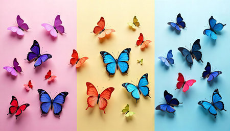 Colorful butterflies arranged on a pastel background.の素材