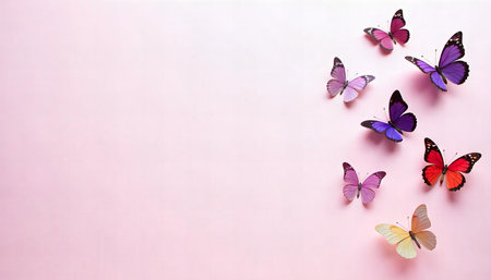 Colorful butterflies arranged on a pastel background.の素材