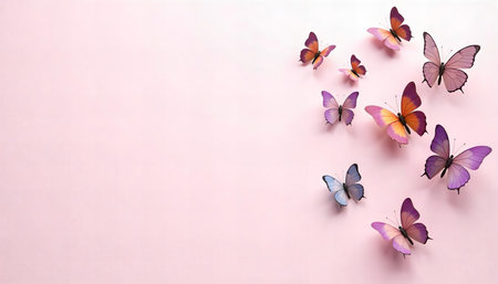 Colorful butterflies arranged on a pastel background.の素材