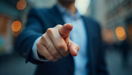 A businessman pointing forward with a blurred city background.の素材