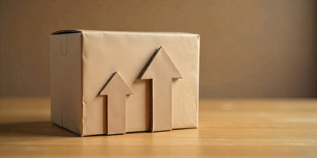 A cardboard box with upward arrows cut out from the sides.の素材
