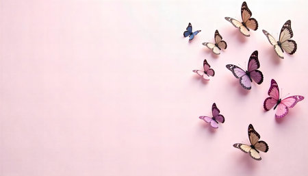 Colorful butterflies arranged on a pastel background.の素材