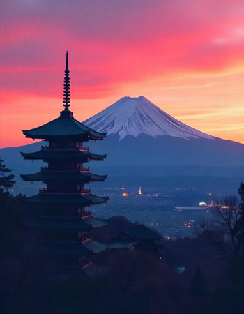 Sunset Over Mt. Fuji and Pagodaの素材