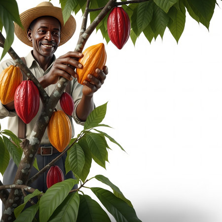 Harvesting Cocoa Fresh from the Tree on Whiteの素材