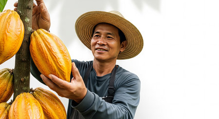 Harvesting Cocoa Fresh from the Tree on Whiteの素材