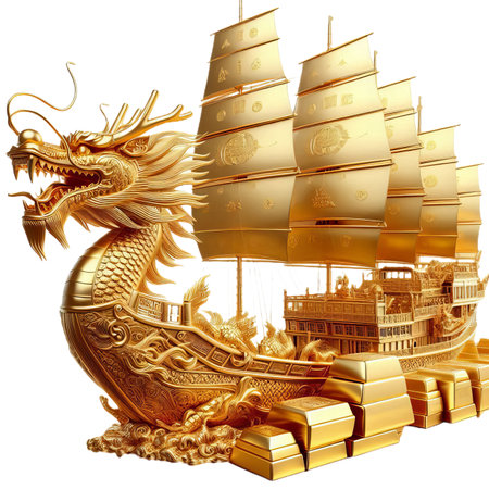 golden chinese dragon head junk shipの素材