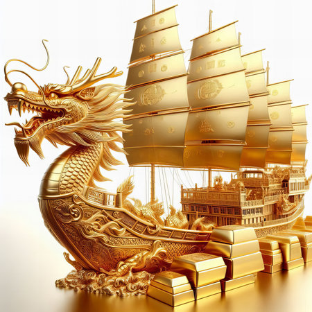 A golden Chinese dragon head junk ship sailing forwardの素材