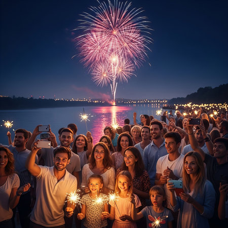 Summer Celebration Fireworks by the Riverの素材