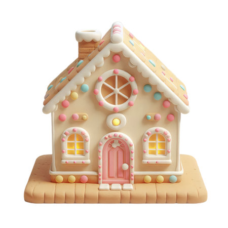 A gingerbread house with a blue door and pink windowsの素材