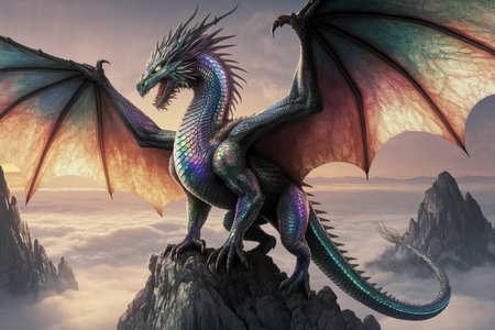 Majestic Iridescent Dragon on a Mountain Peakの素材