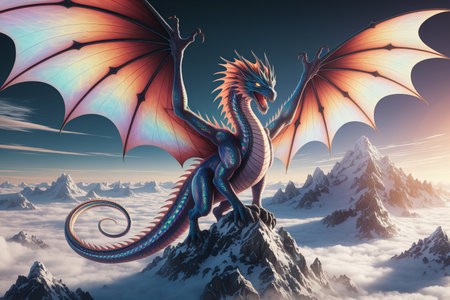 Majestic Iridescent Dragon on a Mountain Peakの素材