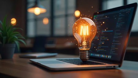 Creative Light Bulb with Glowing Particles Floating in Front of Laptop in Office Settingの素材