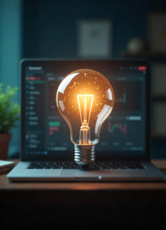 Creative Light Bulb with Glowing Particles Floating in Front of Laptop in Office Settingの素材